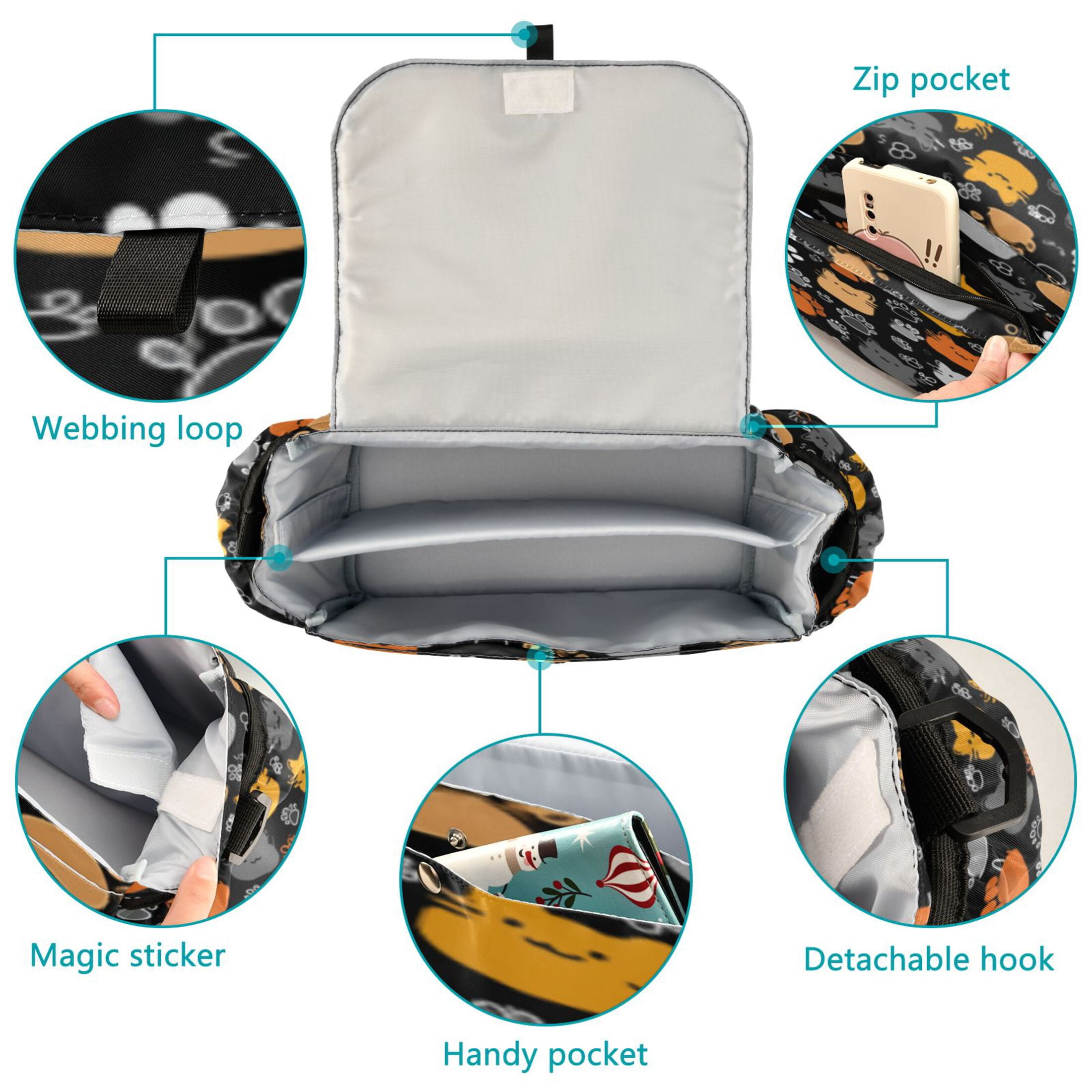 DIXRUYEE Stroller Organizer Whimsical Cat Paw Carnival Printed