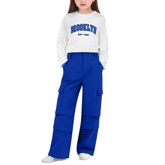 LEKWK Girls Streetwear Clothing Set Long Sleeve Letter Print Crop Top Multi Pocket Cargo Pants Elastic Waist Hip Hop Dance Sport Outfit