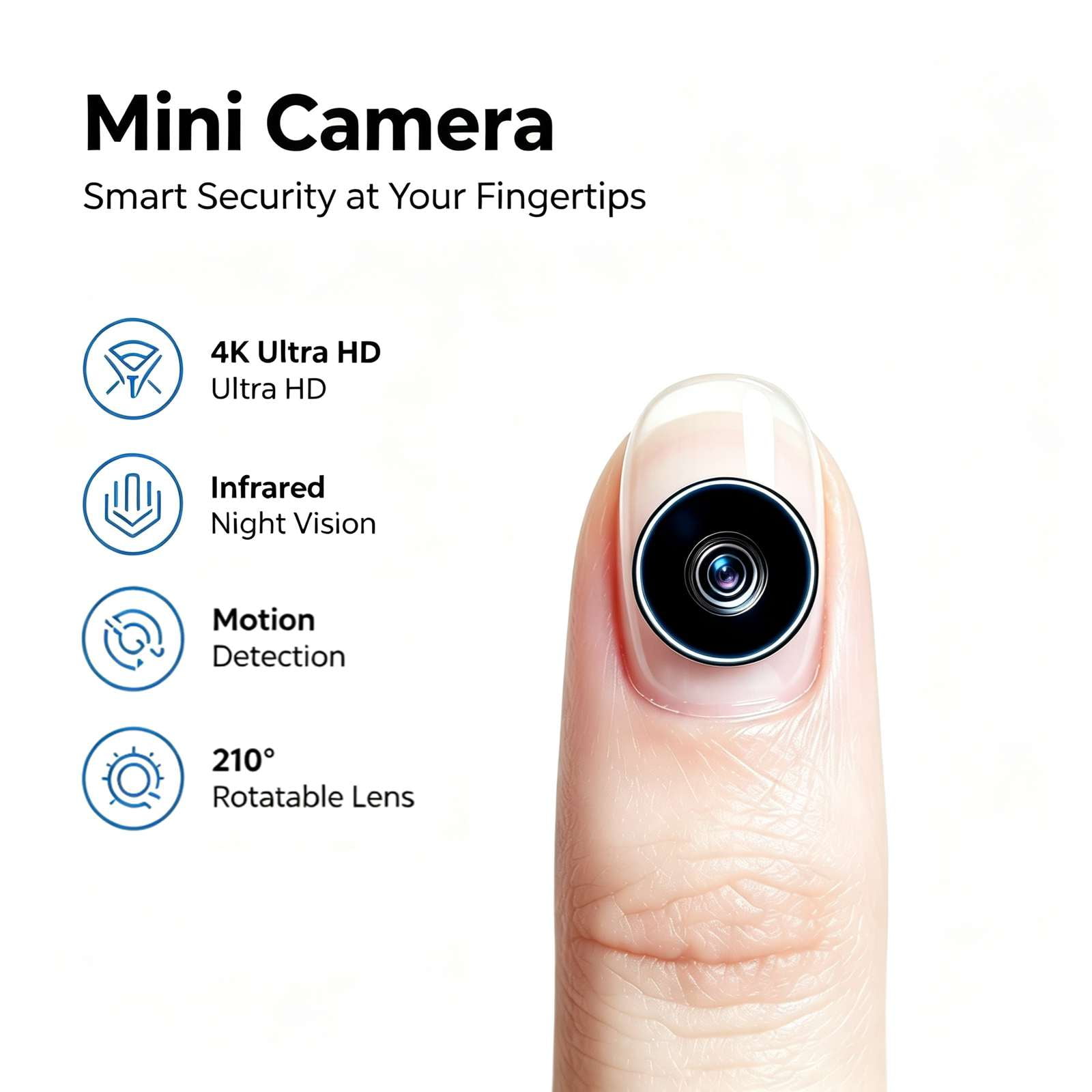 Fingertip Sized Wireless Mini Security Camera, 4K Ultra HD WiFi Surveillance Cam, 210° Adjustable Rotatable Lens, Infrared Night Vision, Motion Detection with Instant Mobile Alerts, Remote Live View