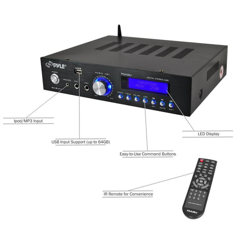 Pyle 200W Audio Stereo Receiver - Wireless Bluetooth Home Power Amplifier  Home Entertainment System w/ AUX IN, USB Port, DVD CD Player, AM FM Radio,  2 Karaoke Microphone Input, Remote - PDA5BU.0 