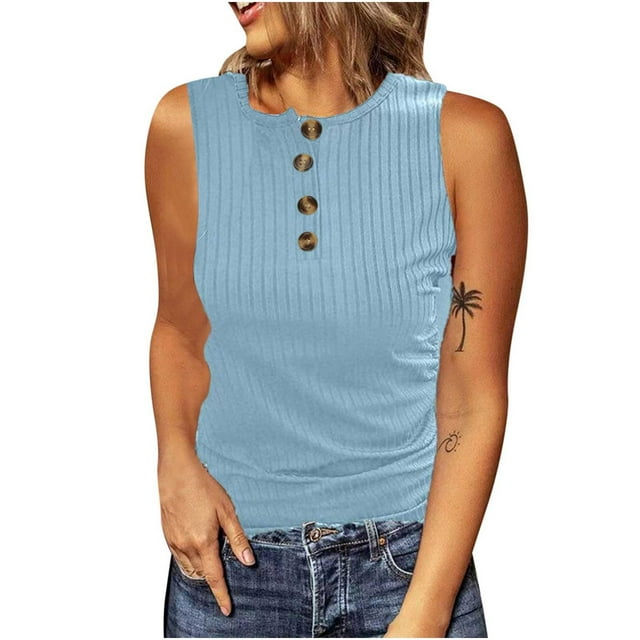 Timegard Plus Size Tank Tops for Women Ribbed Crew Neck Button Comfy Dressy Casual Sleeveless Top Blouse