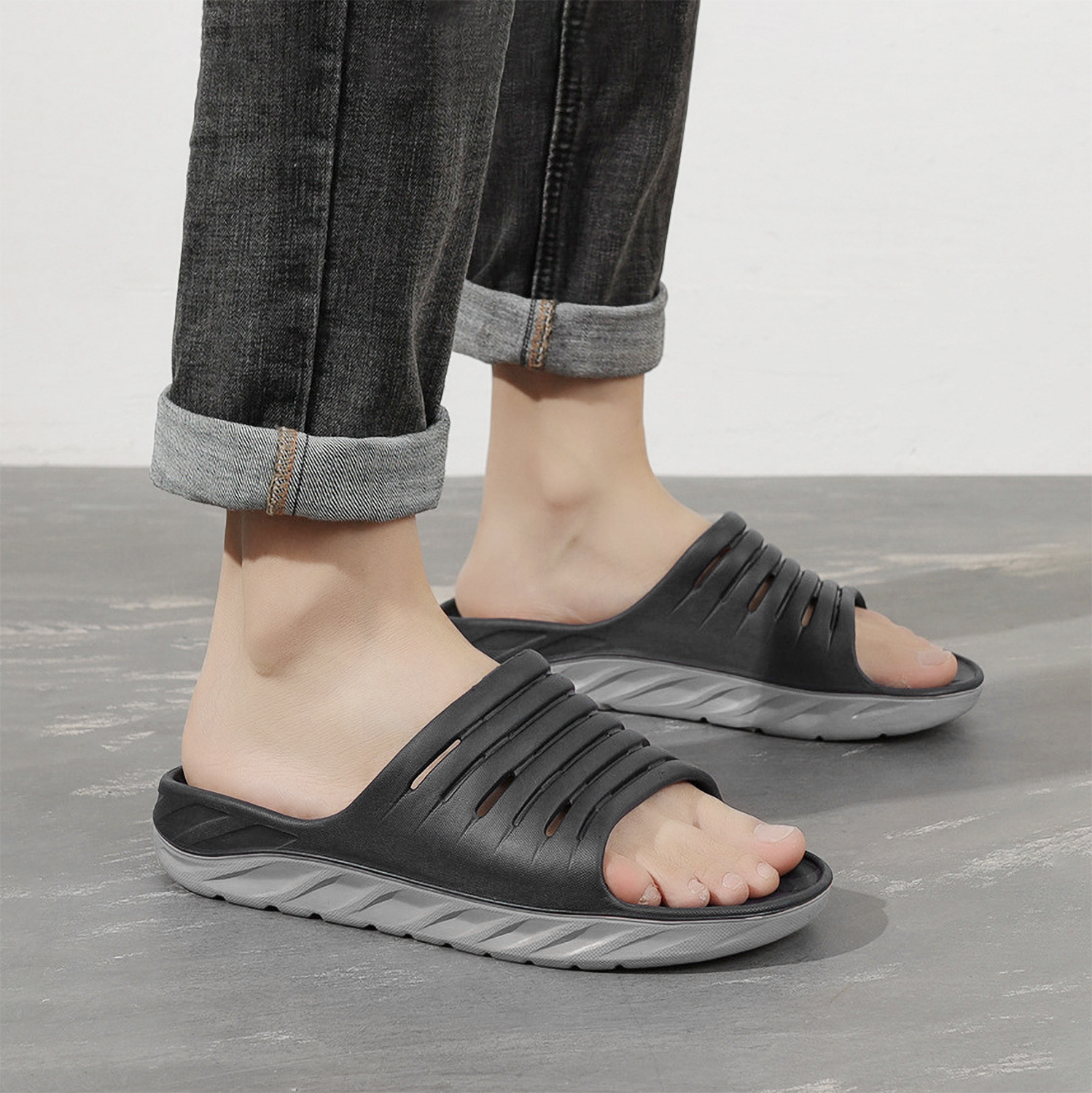 Ecetana Men's Slide Sandals Black Cushioned Open Toe photo 6