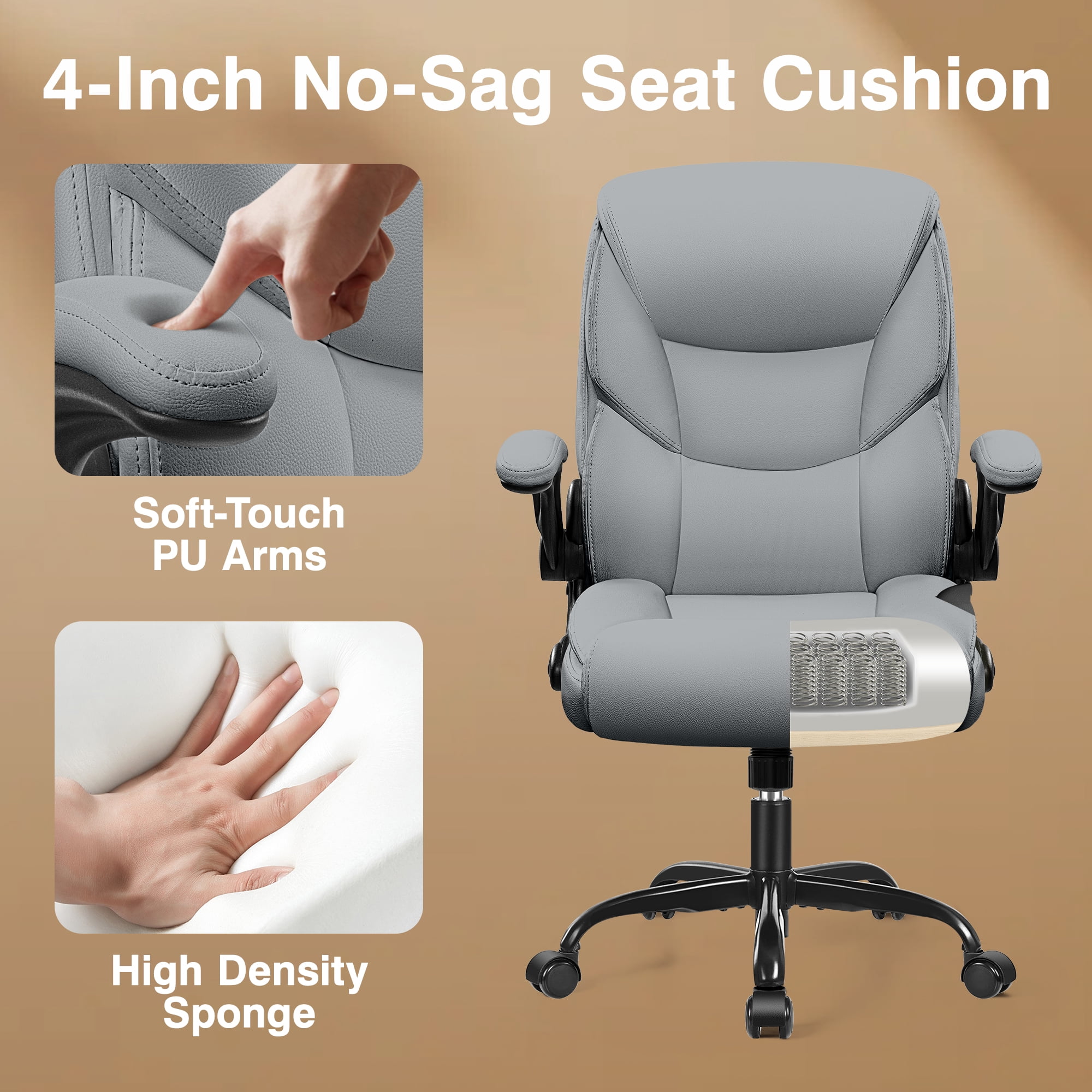 Primy Compact PU Leather Office Chair - Ergonomic Adjustable Height Computer Desk Chair with Flip-Up Armrests, Mid-Back Executive Swivel Chair on Wheels for Small Spaces & Petite Users, Gray