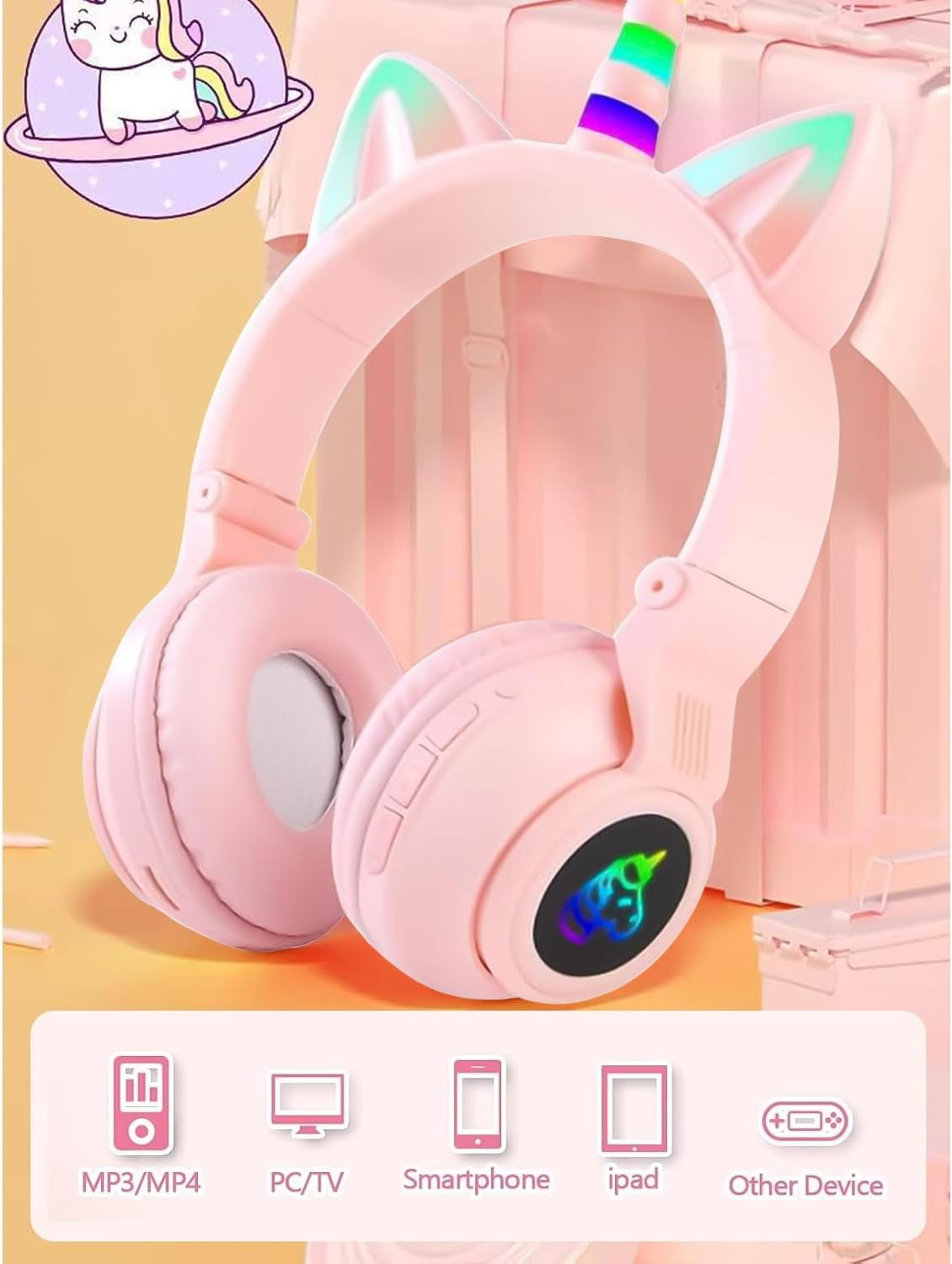 Unicorn Kids' Bluetooth Headphones,Foldable Wireless Headphones for Children with Cable and Microphone Earphones Volume Control,Unicorn-Inspired Gift Design for Birthday Gift & Christmas (pink)