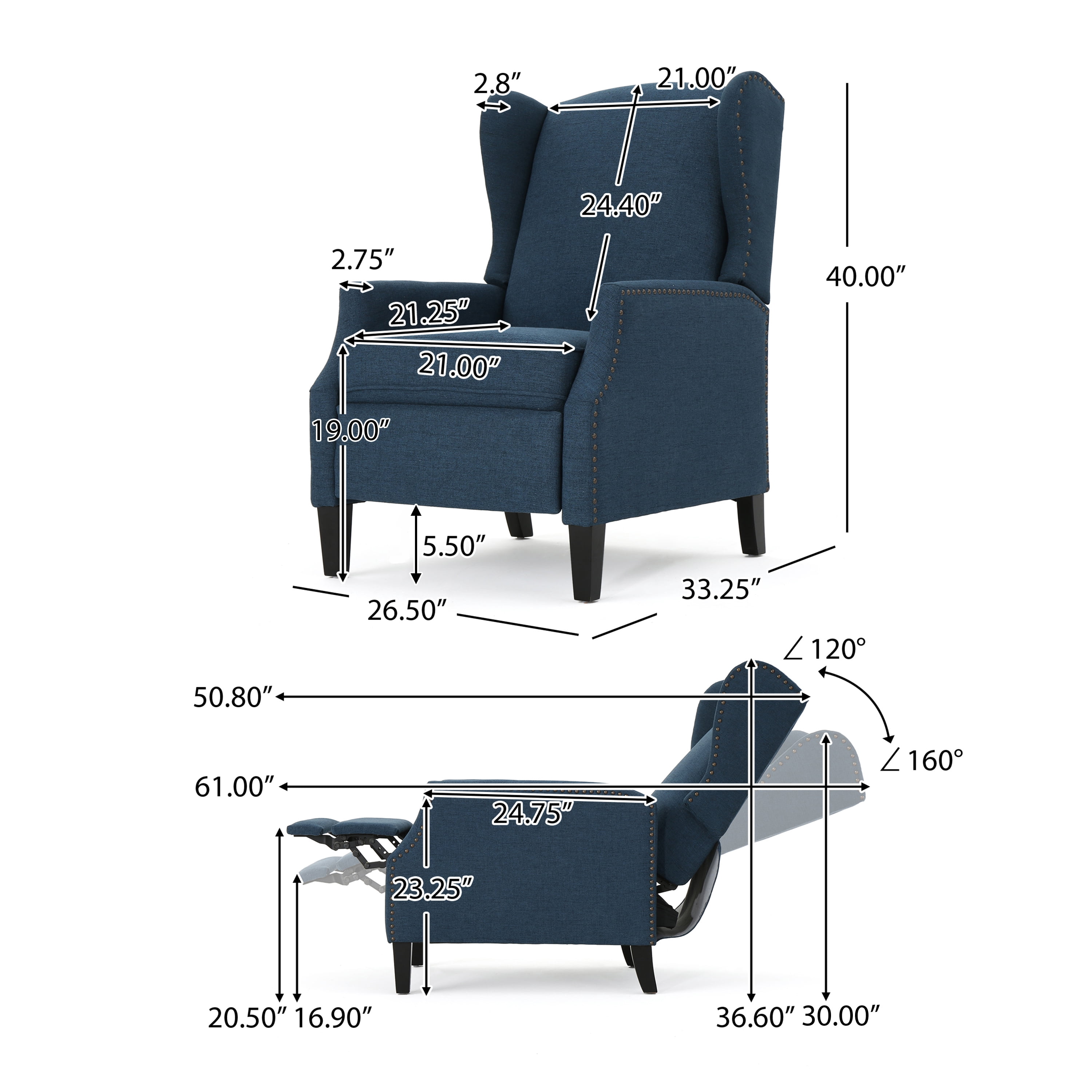 Euroco Traditional Wingback Recliner Chair with Studded Trim,100% Polyester Upholstery