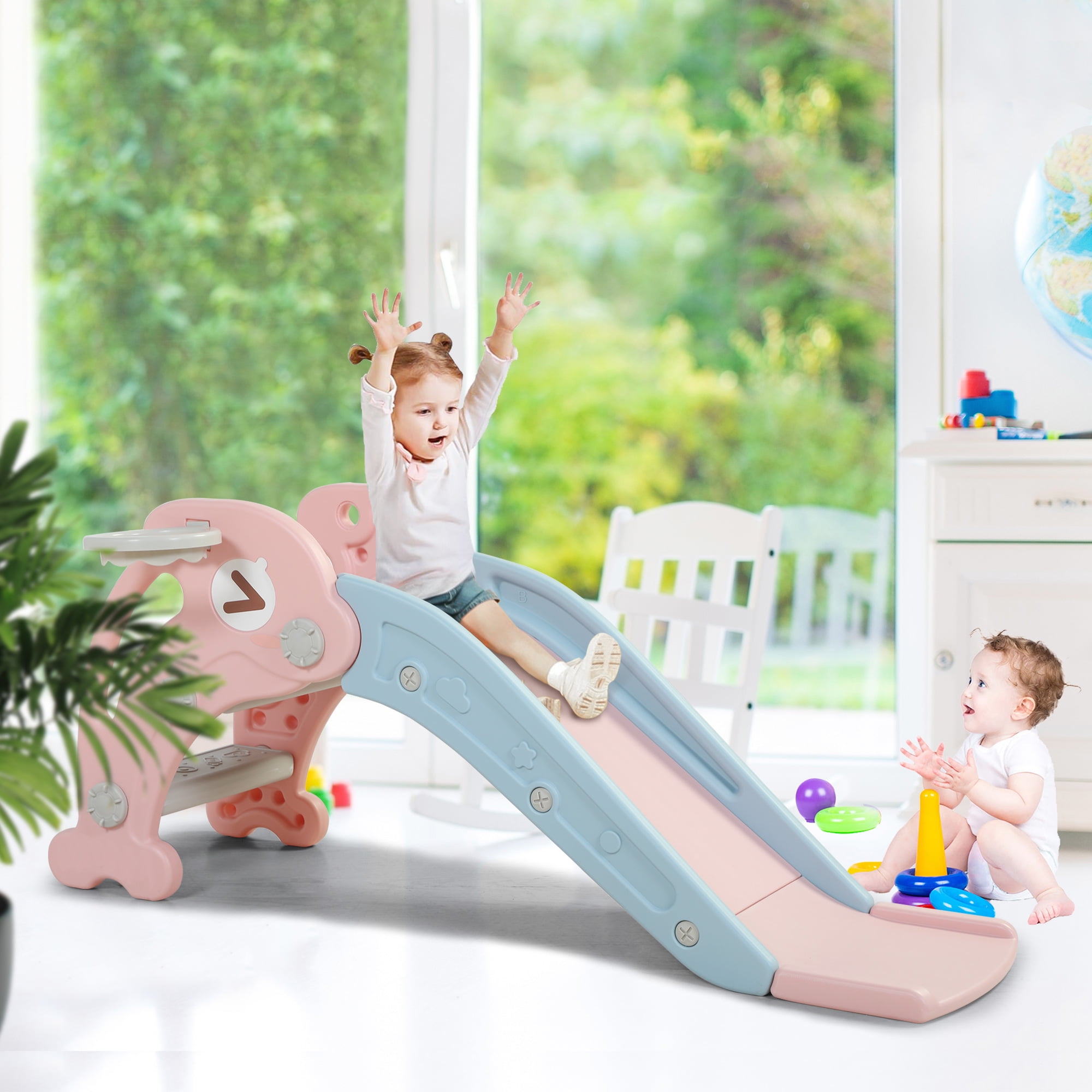 Private Jungle Slide, with Basketball Hoop and Two Cute Dolphin Handrails-Pink. Private Jungle Slide, with Basketball Hoop and Two Cute Dolphin Handrails-Pink.