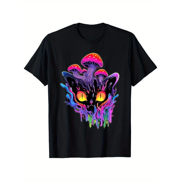 Fashion Graphic Tee,Tops Has Trippy Art Mushroom Cat Festival Print ,Casual Round Neck Regular Fit T-shirts, Size(S-5XL)