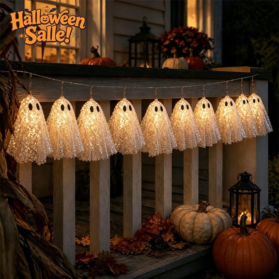 Halloween String Lights, 6.56 Ft Lighted Lace Sequin Ghost Garland, Warm White LED Fairy Lights Battery Operated, Spooky Hanging Halloween Decorations Indoor Outdoor Mantel Fireplace Party Home Decor