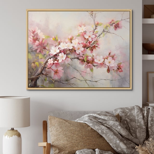 Designart Apple Blossom Oversized framed wall art decor, Apple Blossom framed wall Art, Apple Blossom expressionist Spring , White Traditional Natural framed wall art, Natural brown color Frame