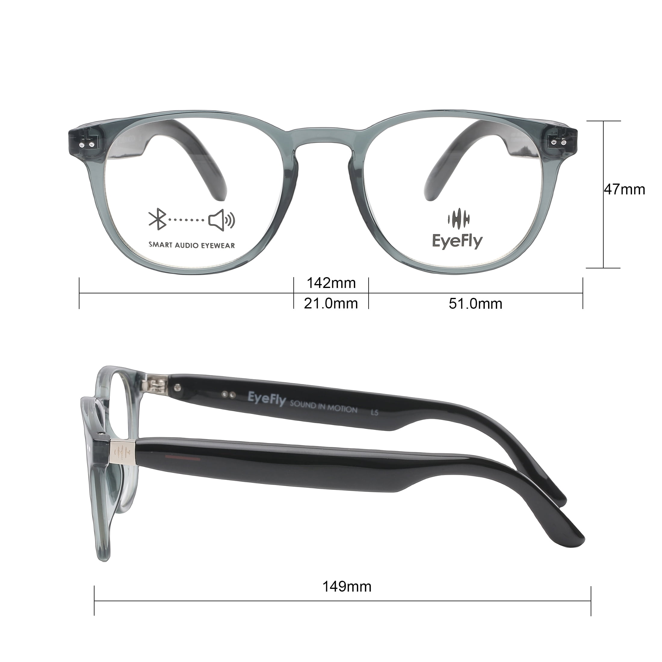 Eyefly Melody Prescription Ready Bluetooth Rechargeable Unisex Eyeglasses, Blue Crystal, Includes Case
