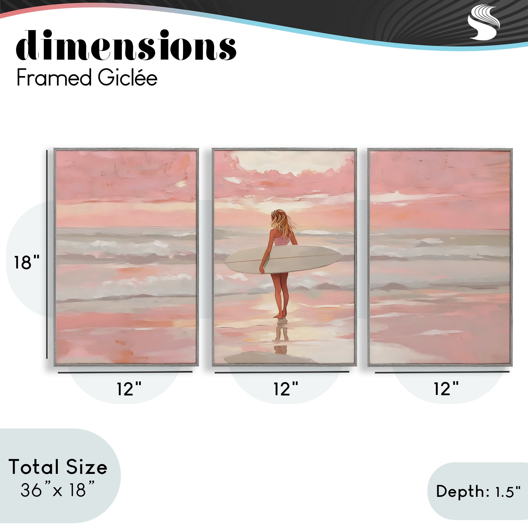 Stupell Industries Pink Sky Surfer Sunrise 3 Piece Gray Framed Giclee Art Set, design by LSR Design Studio