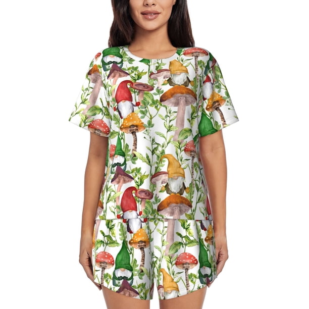 Balery Mushrooms Gnomes Conjunto de Pijama para Mujer con Estampado, Dos Piezas de Manga Corta y Shorts, Ropa de Dormir Suave con Cuello Redondo y Bolsillos-XX-Large