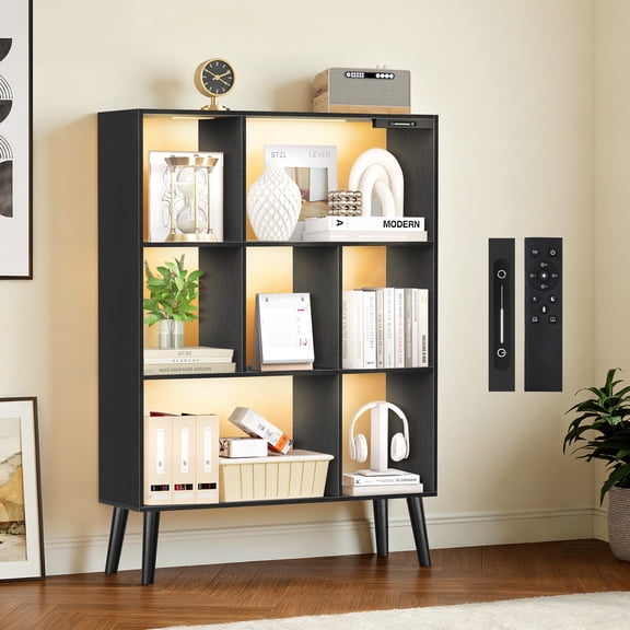 UNTONLIFE 7-Cube Bookcase with Built-in Lights, Modern Freestanding Bookshelf with 4 Tapered Legs, Open Storage Display Shelf for Living Room, Study Room, Office - Black