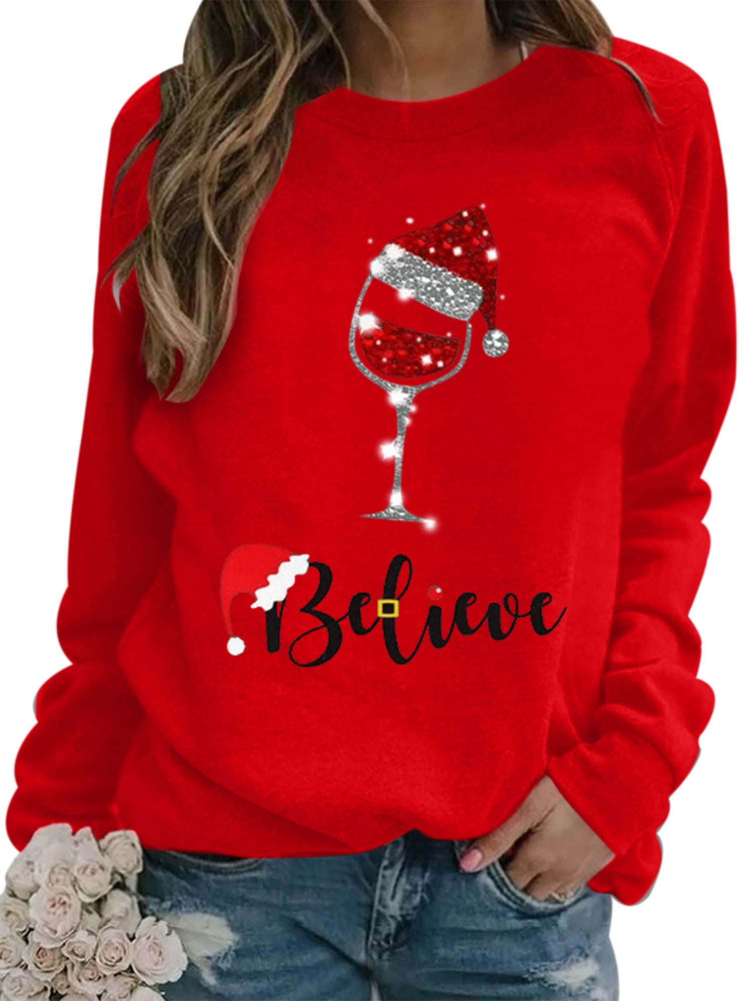 Frontwalk Women Long Sleeve Blouse Casual Christmas Red Wine Glass ...