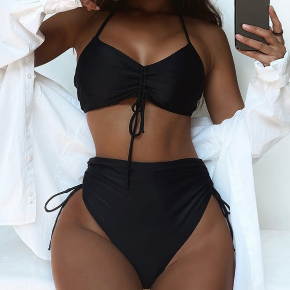 Ashirexll Womens Swimsuits Casual Sloid Color Split Swimsuit Show Waistflat Bikini Plus Size Swimsuit Bathing Suit for Women Bikini Swimsuit Black L