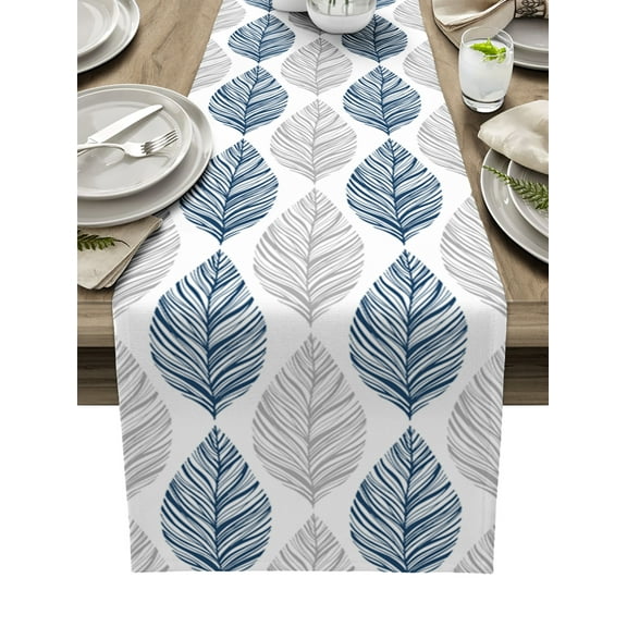 Table Runner 60 Inches Long for Kitchen Dining, Navy Blue Grey Leaves Dresser Scarf Farmhouse, Dining Table Decorations for Wedding/Parties, Summer Tropical Plant Aesthetics 13 x 60 In