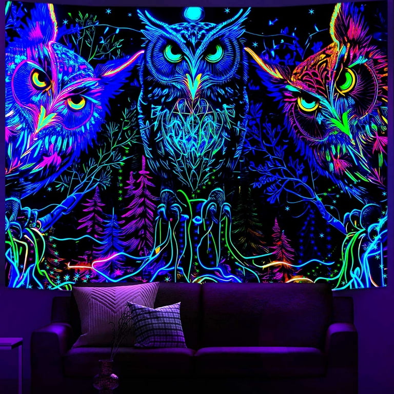 VeiVian Blacklight Tapestry UV Reactive Black Light Trippy Owl Forest Poster for Men Room Bedroom Decor Psychedelic Moon Animal Glow in The Dark Party Decor