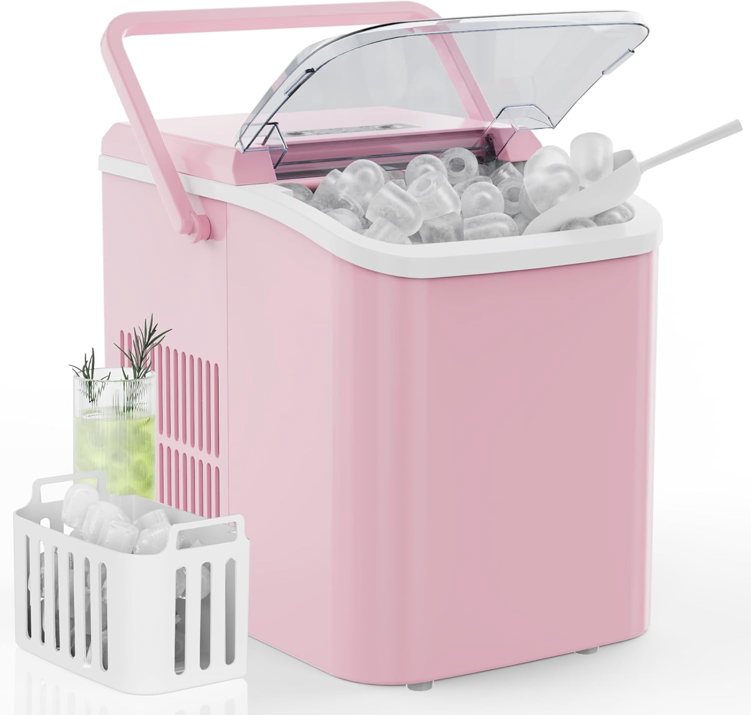 Portable Ice Maker with Handle, 26lbs/24H Compact Ice Machine, 9 Bullet Ice Cubes Ready in 6 Minutes, Self-Cleaning, Quiet for Home Kitchen RV Camping, Pink