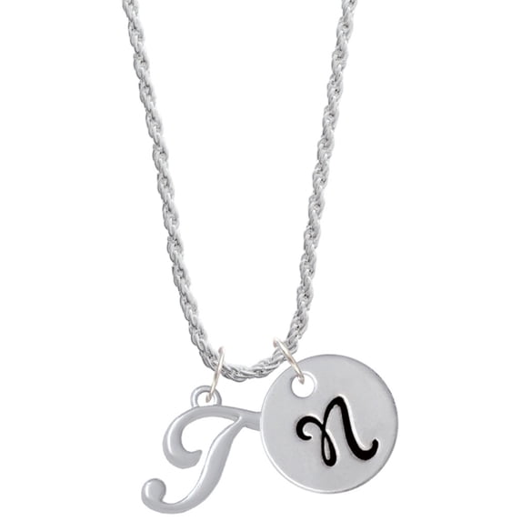Delight Jewelry Silvertone Small Gelato Script Initial - T - Silvertone Script Initial Disc - N - Charm Necklace, 20"+3"