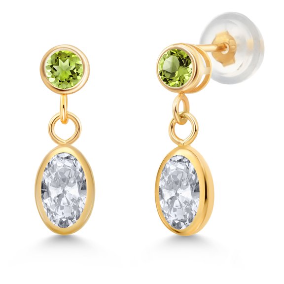 Gem Stone King 14K Yellow Gold White Topaz and Green Peridot Drop Dangle Earrings for Women (1.44 Cttw, Gemstone Birthstone, Oval 6X4MM, Round 3MM)