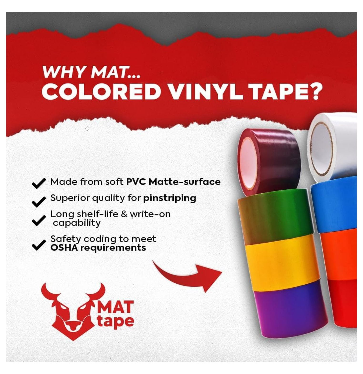 MAT Vinyl Marking Tape Black - 6 inch x 36 yds. for Safety Floor Marking (School Gym, Restaurants, Warehouse), Dance Floor Splicing, Pinstriping Cars & Boats