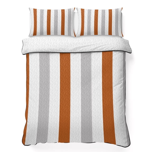 Orange Grey Striped 3 Piece Quilt Bedding Set with 2 Pillow Shams, Modern Lightweight Bedspread Coverlet, Soft Breathable All Season Quilt, 68 x 98 Inch