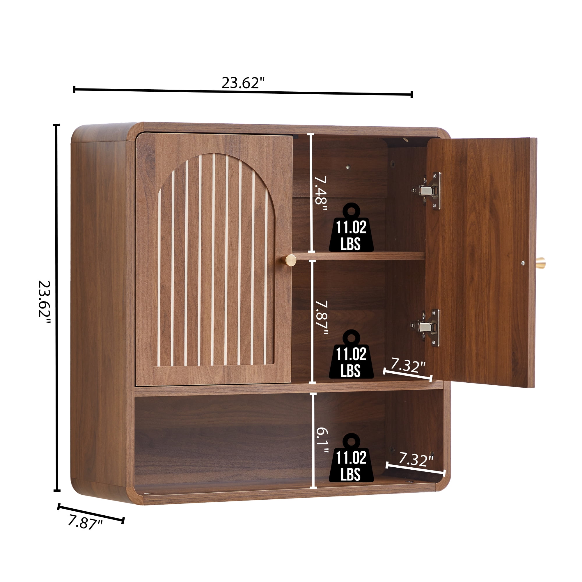 Wirrytor Fluted Wooden Medicine Cabinet Storage, Brown Bathroom Wall Cabinet with 2 Doors Adjustable Shelf and Towels Bar