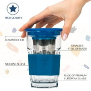 Crystalia Glass Hot Tea Infuser Mug, Travel Tumbler, Stainless Steel Infuser, Blue Silicone Sleeve, Clear Glass Iced Tea Steeper 14 Oz