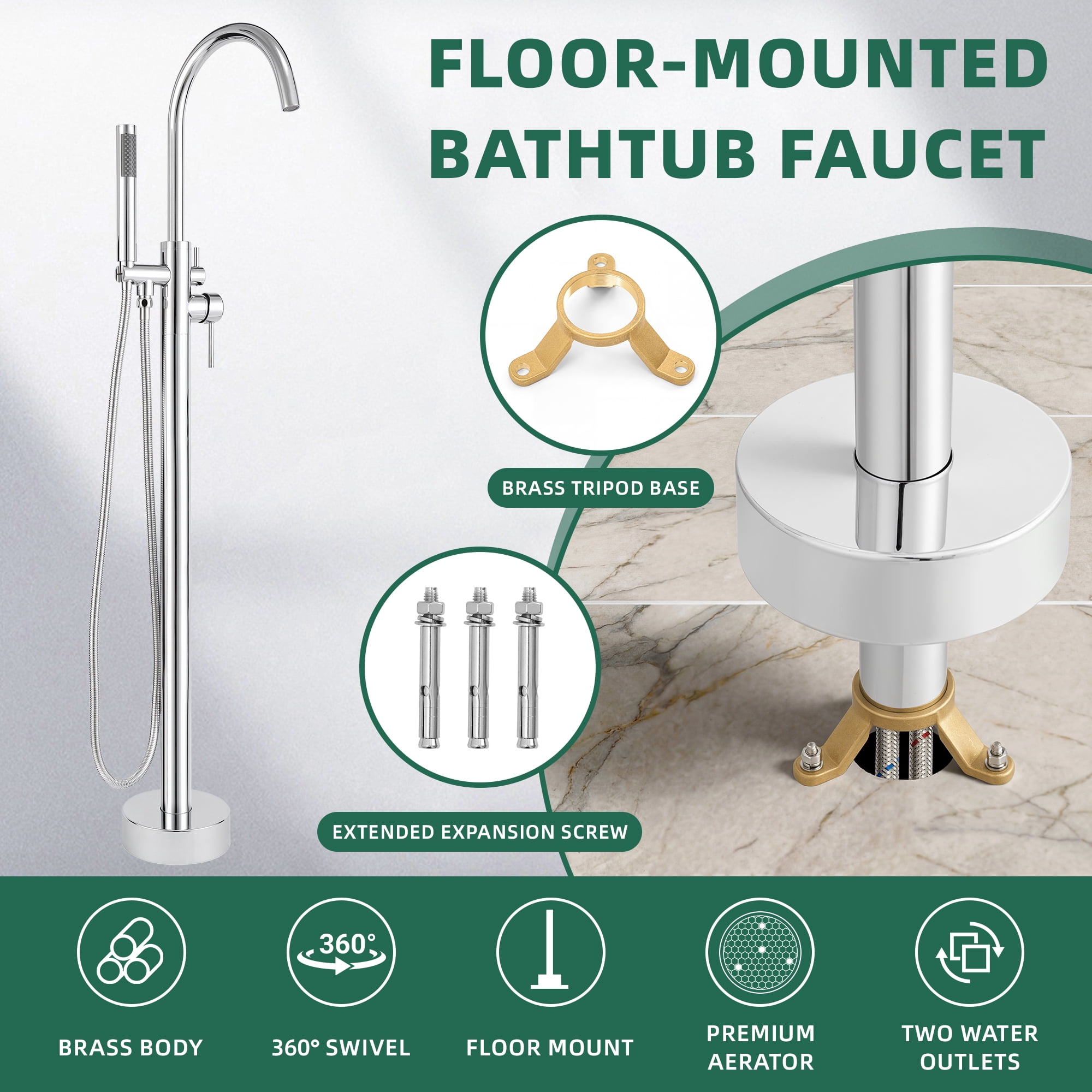 Free Standing Tub Faucet, High Flow Freestanding Bathtub Faucet with Handheld Shower & Gooseneck Spout, 360°Swivel Tub Filler, Brass Body, Chrome