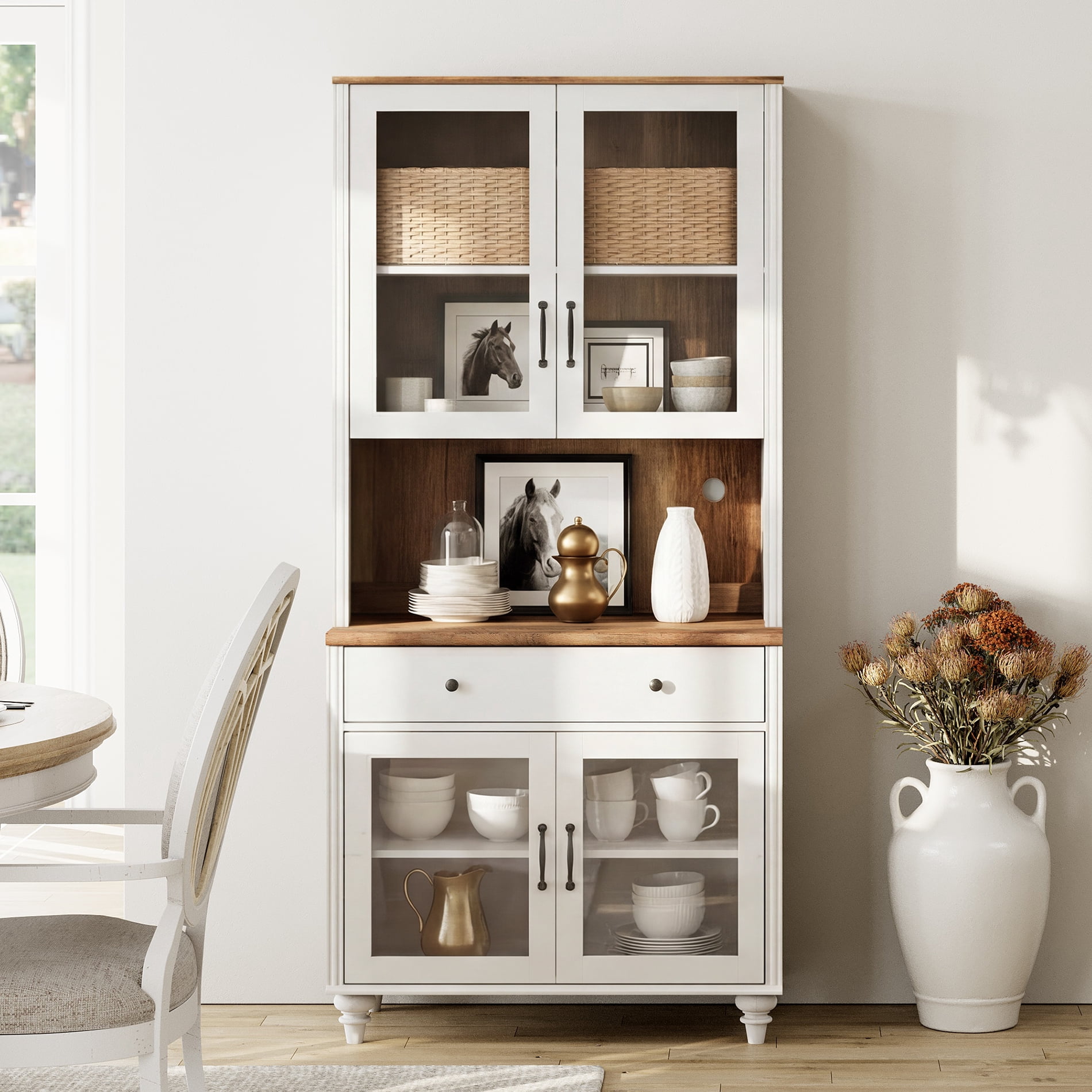 72"H ×33.9"W 5-Tier Farmhouse Display Bookcase with Glass Doors, Storage Cabinet & Wood Drawer, Wooden Bookshelf for Living Room, Office, Kitchen, White