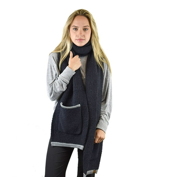 C.C Multicolored Soft Winter Warm Sherpa Knit Pocket Extra Long Shawl Scarf, Black