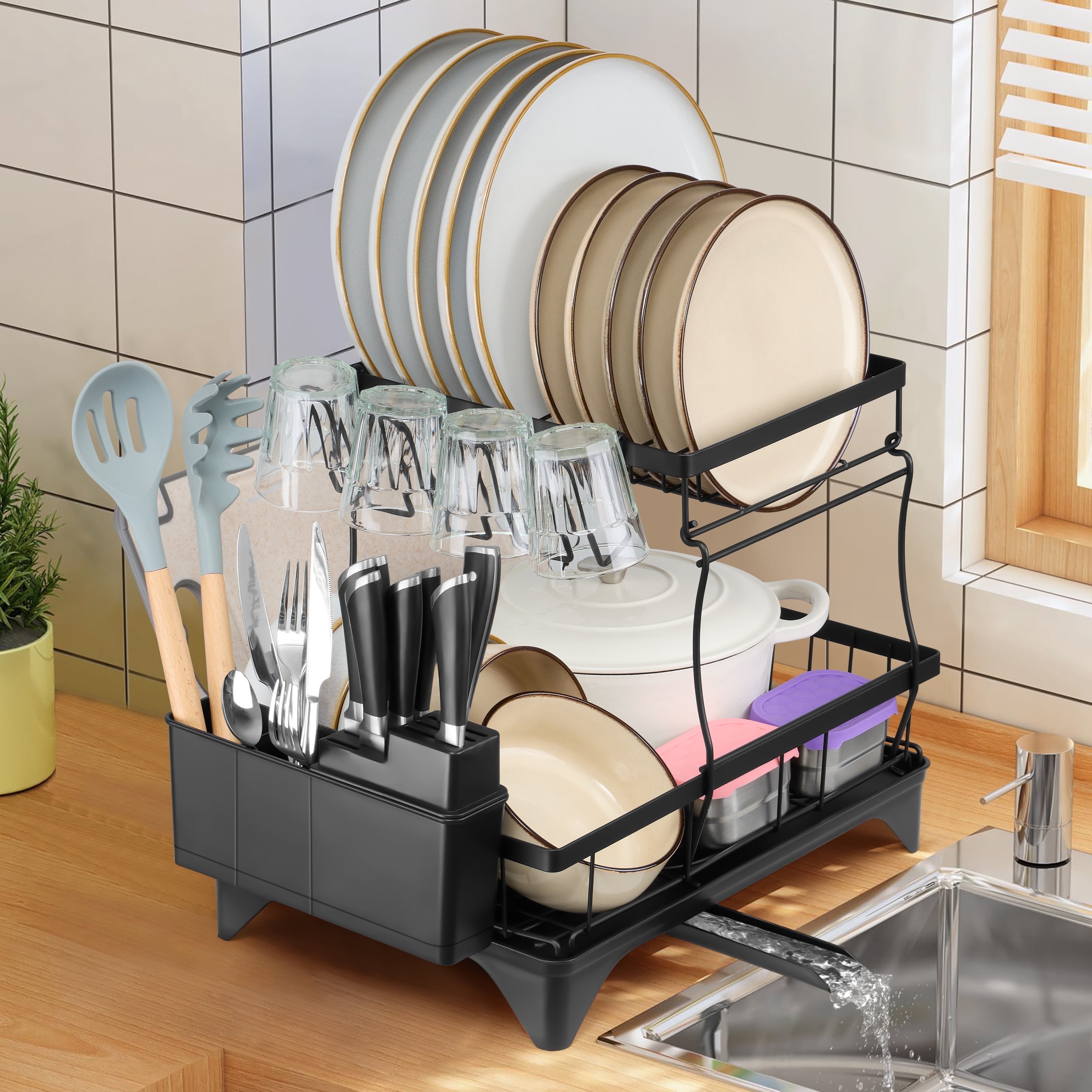 Vesteel 2-Tier Dish Drying Rack, Stainless Steel Dish Rack with Drainboard for Kitchen Counter, Rustproof Dish Drainer for Sink, Space Saving