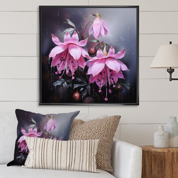 Designart "Hardy Fuchsia Plants in Purple Garden II" Floral Framed Wall Art - Pink Fuschia Hallway Framed Wall Art Decor