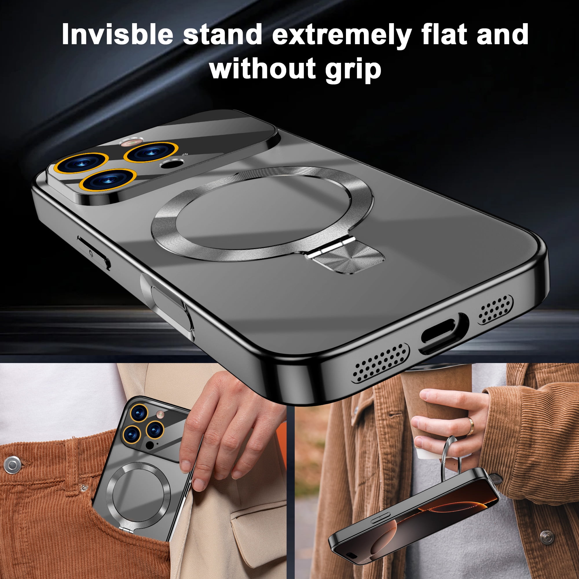 JETeacka Magnetic Case for iPhone 16 Pro with Stand MagSafe Compatible Camera Protection Military Drop Protection Not Yellowing Slim Cover, Black