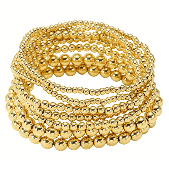 DESIGNICE Gold Beaded Bracelet Set-14K Gold Plated Ccb Ball Beads Stack Stretch Bracelet,Mixed Sizes 3-8 Mm