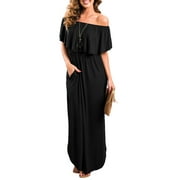 DIBAOLONG Womens Off The Shoulder Ruffle Party Dress Casual Side Split Beach Long Maxi Dresses with Pockets