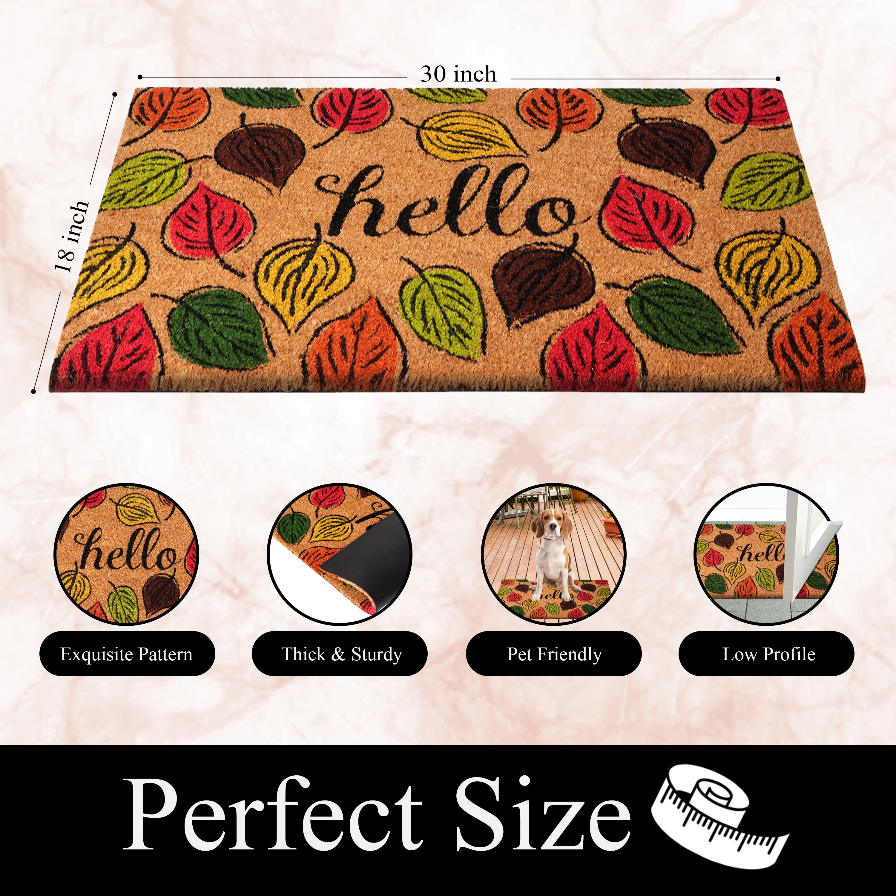 A1HC Natural Coco Coir Doormat, Hello Autumn Leaves, 18"x30", Durable Outdoor Welcome Mat, Non-Slip, Easy to Clean, Pet Friendly