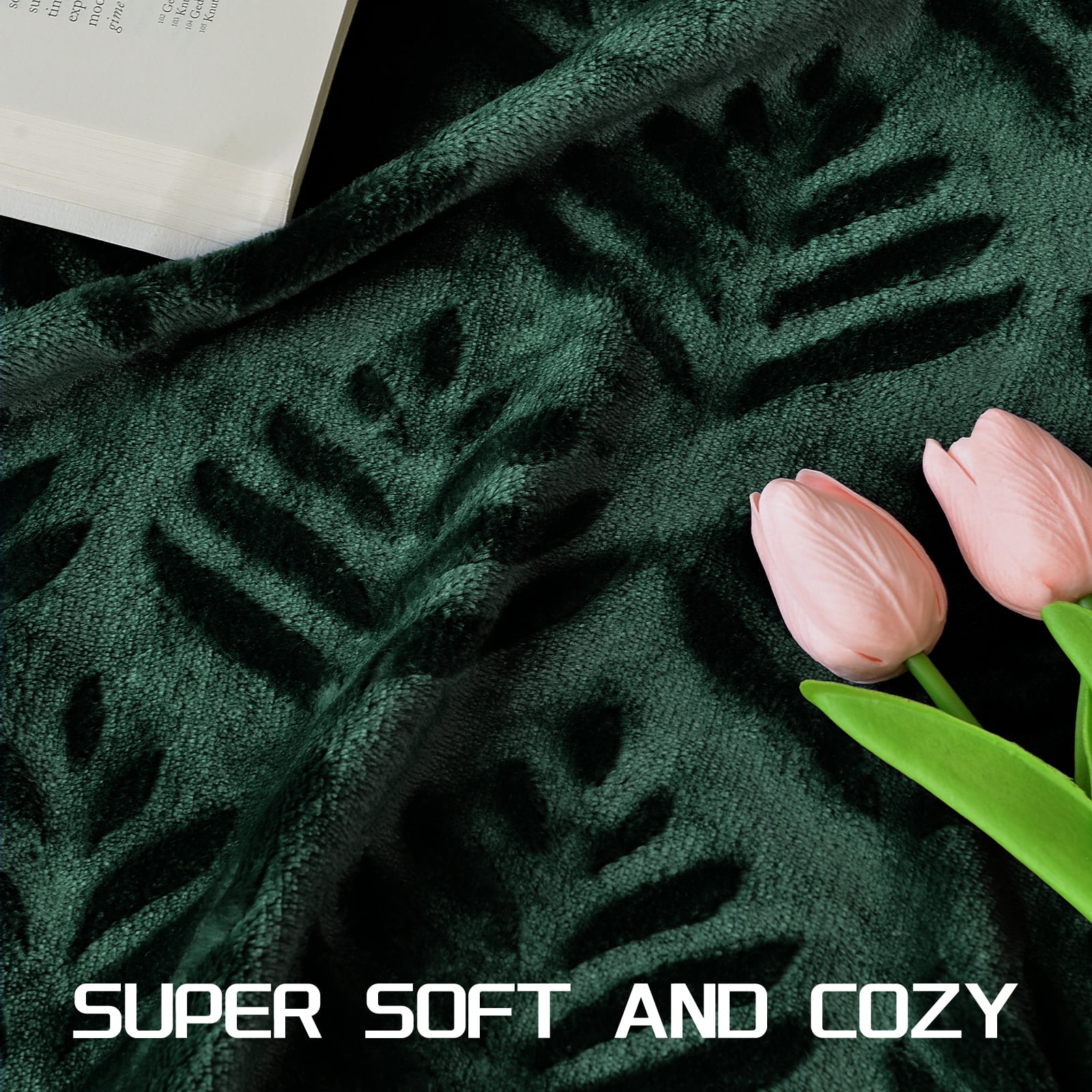 Exclusivo Mezcla King Size Fleece Blanket for Bed, Leaves Pattern Super Soft and Cozy Blankets, Plush Fuzzy Lightweight, Forest Green, 90"x104"