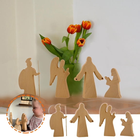 Empty Tomb Easter Scene and Cross Decoration, 4pcs Wooden Easter Resurrection Scene Cross Jesus Tomb Tray Set, Tabletop Christian Gifts Jesus Nativity Scene Decor for Religious Home Office