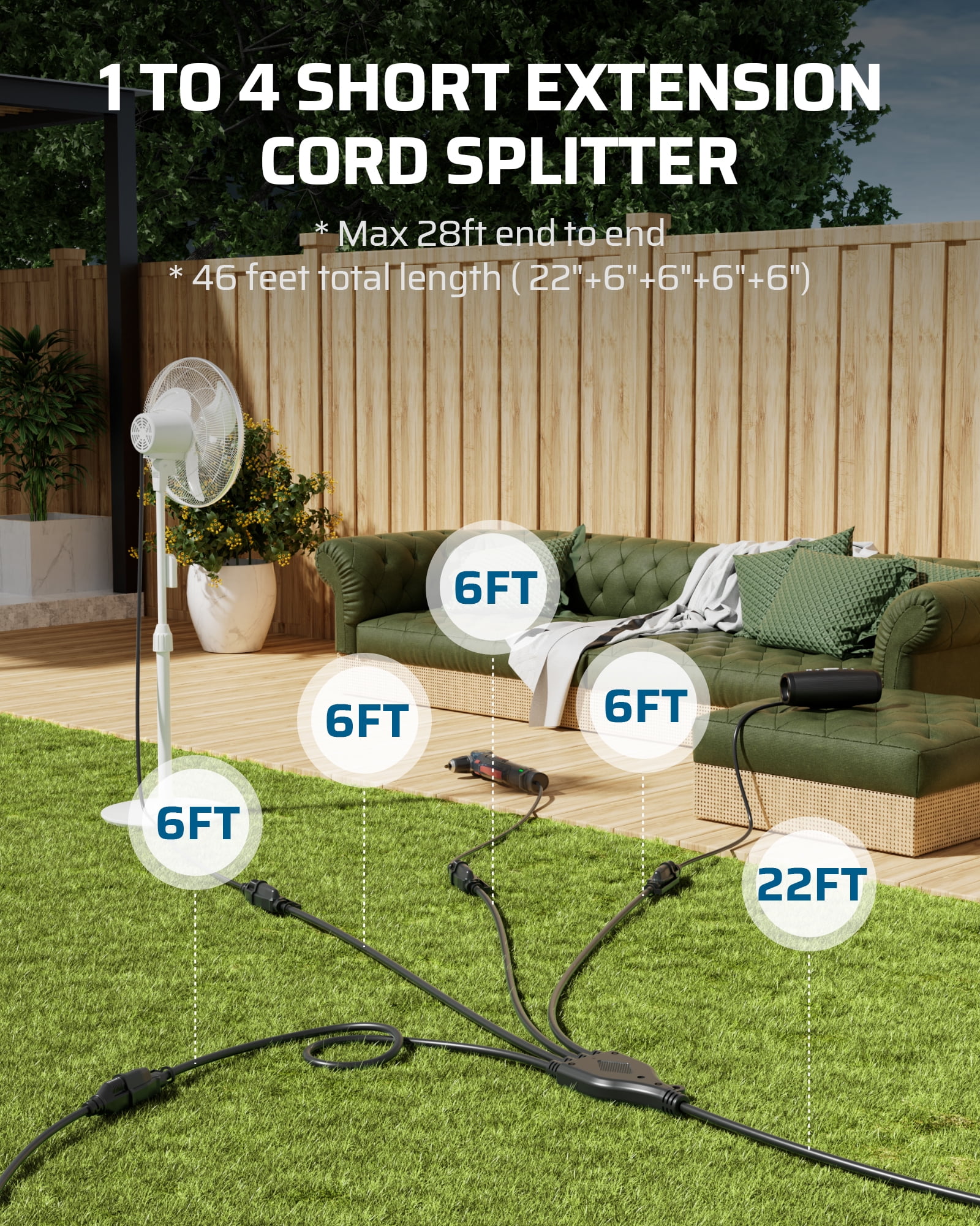 DEWENWILS 46 FT (22'+6'+6'+6'+6') Outdoor Extension Cord with 4 Outlets for Christmas Lights