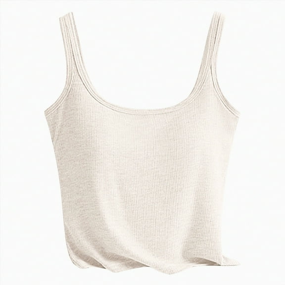 ORT Tops for Women Built in Bra Plus Size Scoop Neck Cotton Spaghetti Strap Tank Top Casual Basic Cami Tank Tops(Beige,M)