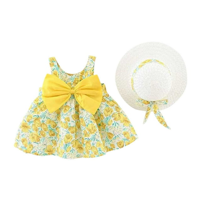 Robes pour Bébé Fille Sans Manches, Robes Tutu, Robes d'Été pour Filles avec Chapeaux, Ensemble 2 Pcs, Robe de Princesse pour Bébé 1-2 Ans
