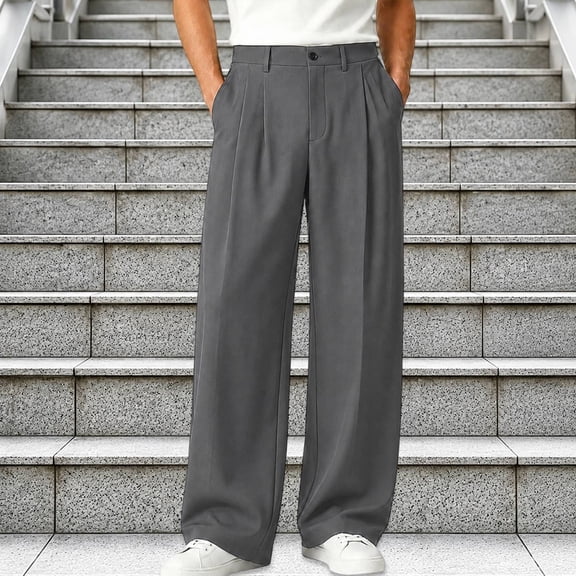 RUTAYY Men's Pants Solid Color Button Fly Double Pleated Side Insert Pockets Wide Leg Full Length Dress Trousers Grey