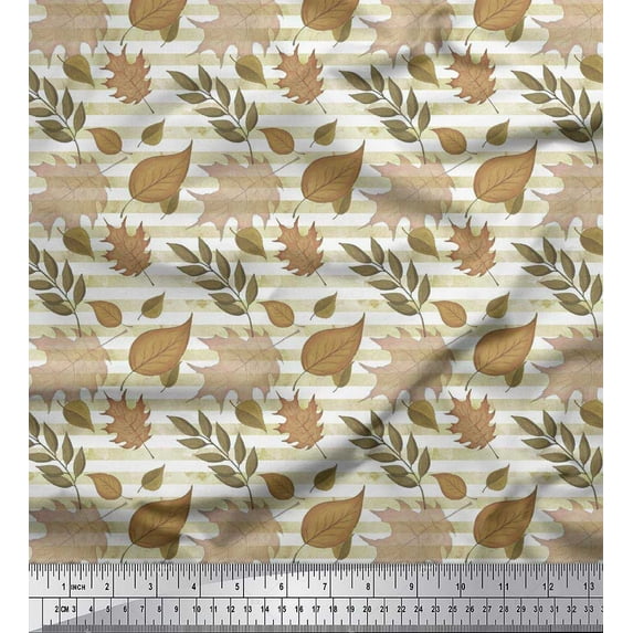 Soimoi Cotton Cambric Fabric Stripe & Autumn Leaves Print Sewing Fabric Yard 42 Inch Wide