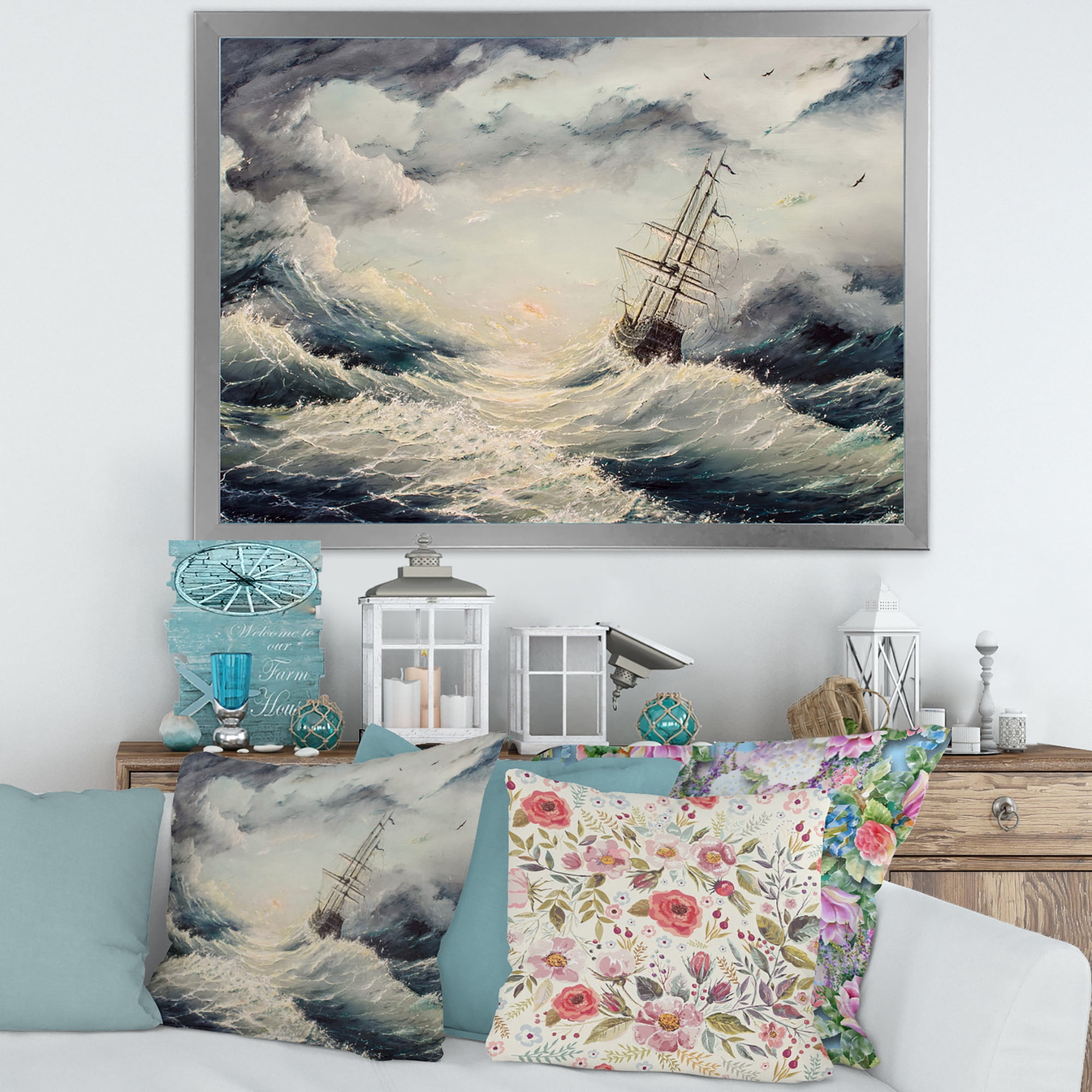 Designart 'Ship Struggles With The Sea Storm' Nautical & Coastal Framed Art Print