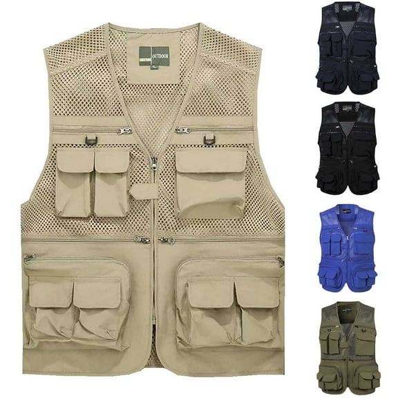 RYDCOT Men's Fishing Vest Utility Sai Travel Vest with Pockets Outdoor Work Photo Photography Cargo Fly Summer Vest Khaki
