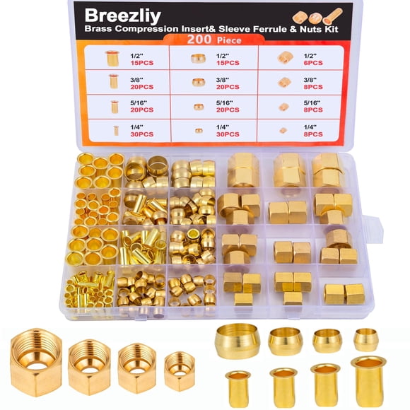Breezliy 1/4"" 3/8"" 5/16"" 1/2" OD Latón Inserto de Compresión Manga Tuerca de Virola 200PCS