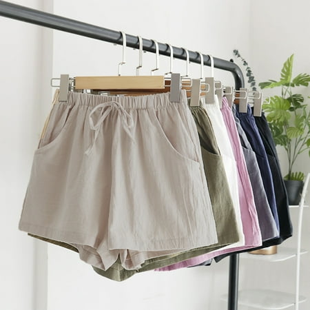 Essen Women Casual Solid Color Drawstring Pockets Elastic Shorts Wide ...