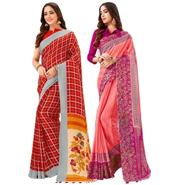 Pack of Two Saree for Women Printed Linen Silk Indian Wedding Sarees | Diwali Ethnic Gift Sari Combo