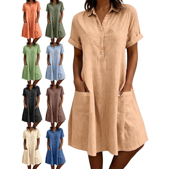 2026 Summer Dress for Women Cotton Linen Short Sleeve Pockets Button Front Knee-Length Dress